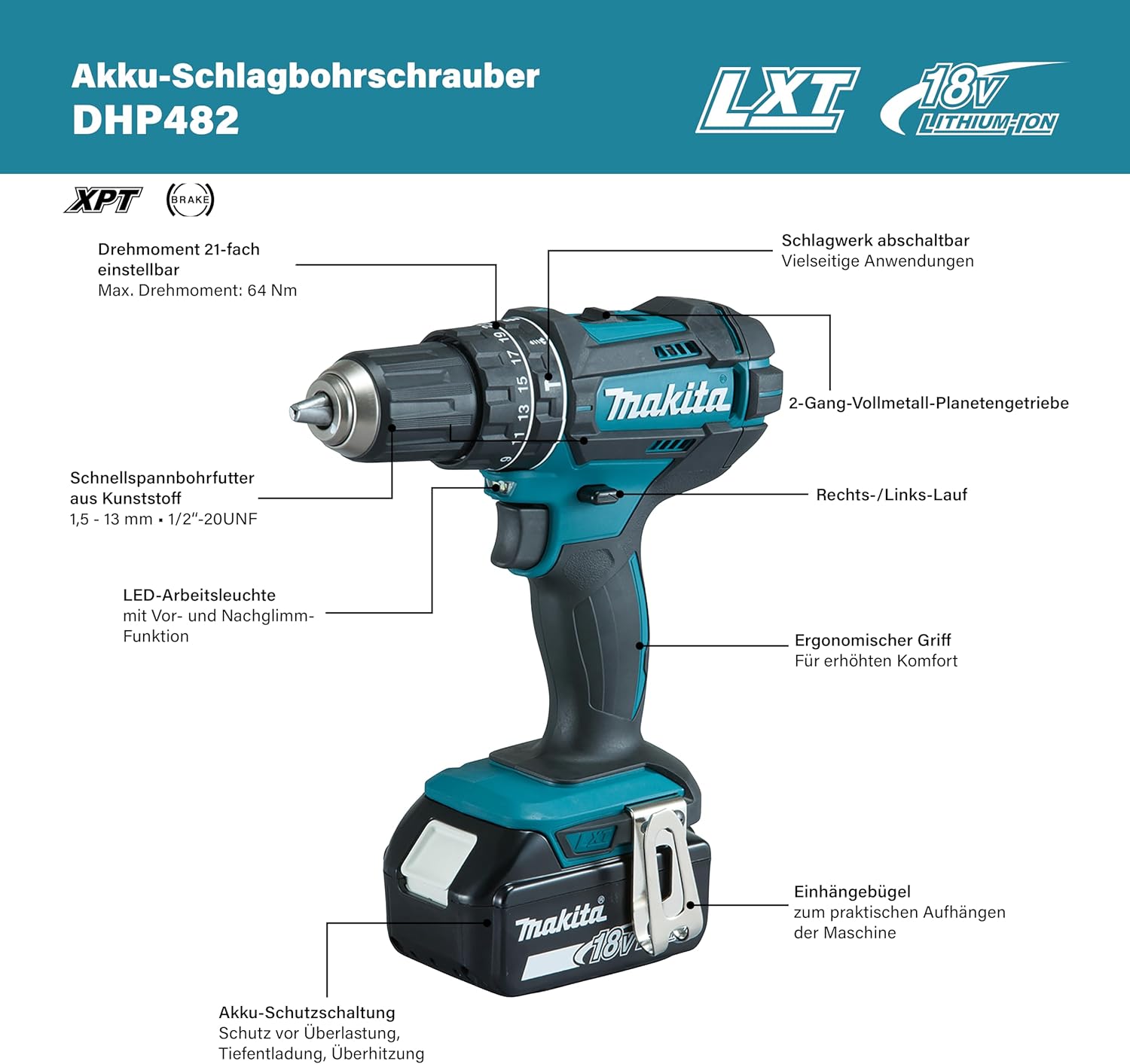 Makita DHP482RFX9 Schlagbohrschrauber 18V / 3,0 Ah, 2 Akkus plus Ladegerät im Alukoffer, Petrol, 96-tlg. Zubehör-Set