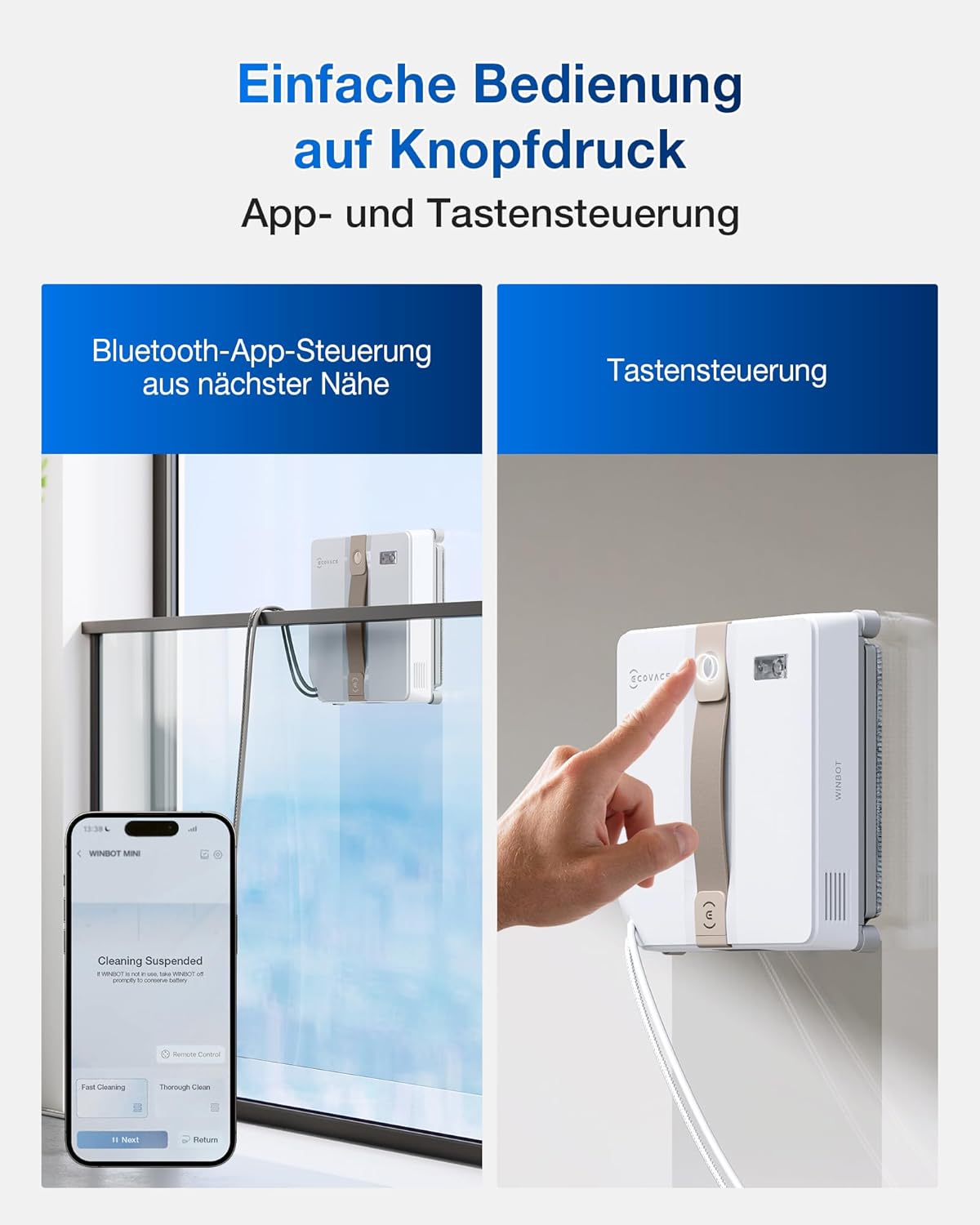 ECOVACS WINBOT MINI Fensterputzroboter, kompaktes Design, Doppel-Düsen mit Ultraschall-Zerstäubung, 9-Stufen-Schutzsystem, intelligente Pfadplanung, 4 Reinigungsmodi, Anti-Rutsch-System, Weiß