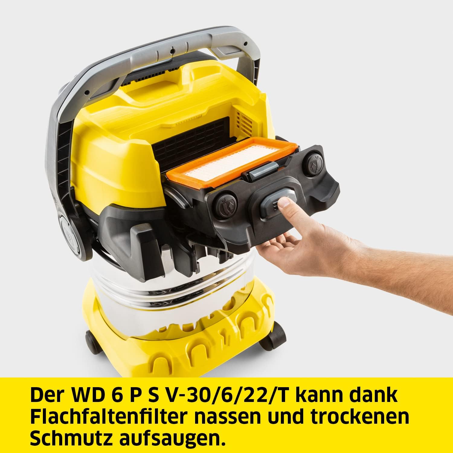 Kärcher Nass-/Trockensauger WD 6 P S V-30/6/22/T, inkl. Steckdose, Flachfaltenfilter, patentierter Filterbox, Filterreinigung, 1.300 W, Edelstahlbehälter: 30 l & Ablassschraube, Saugschlauch: 2,2 m