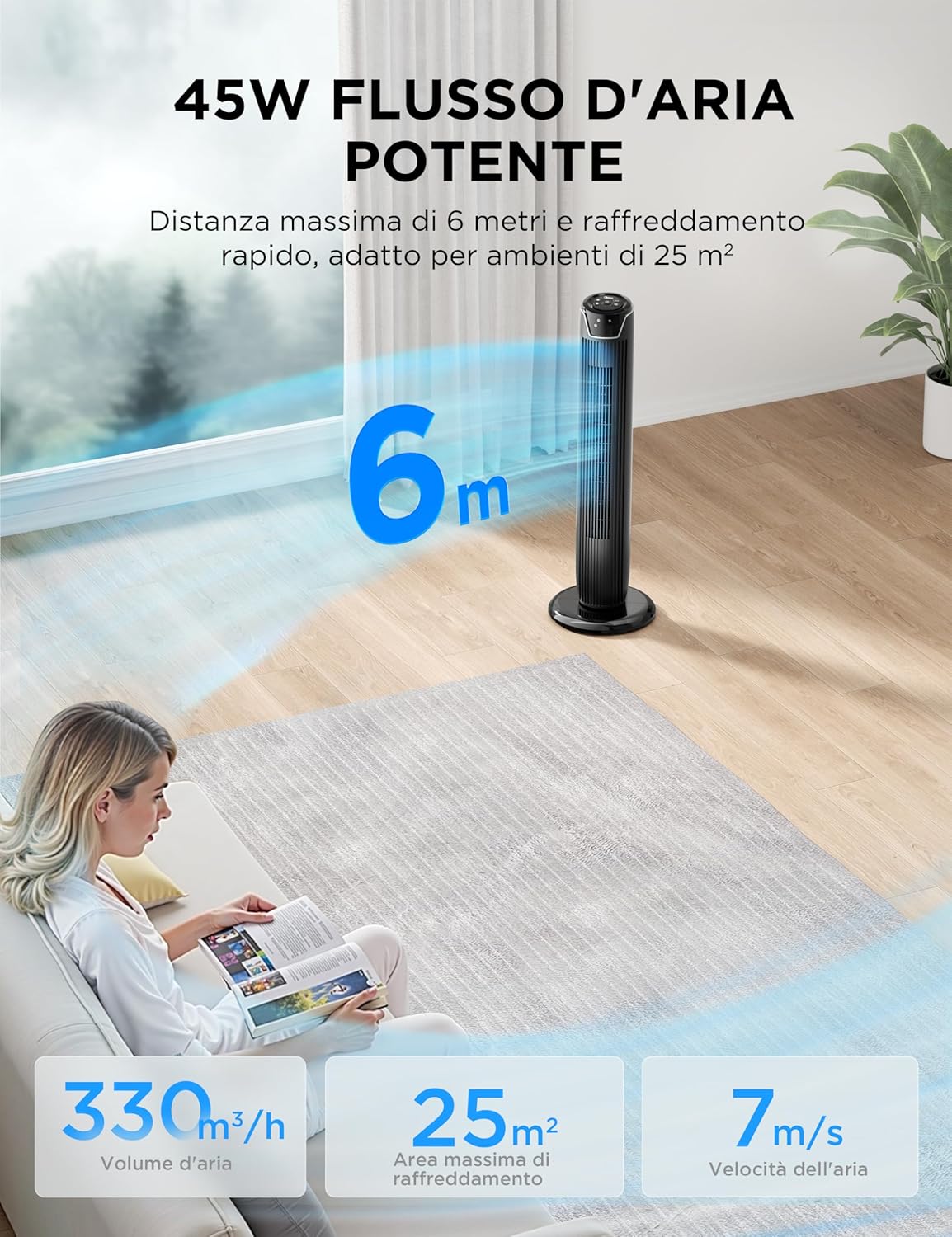 Midea FZ10-17JR Turmventilator Leise mit Fernbedienung 92CM, mobiler Lüfter,Ventilator Säulenventilator,7 Stunden Timer,3 Modi,3 Geschwindigkeiten,45W Standventilator,Schwarz