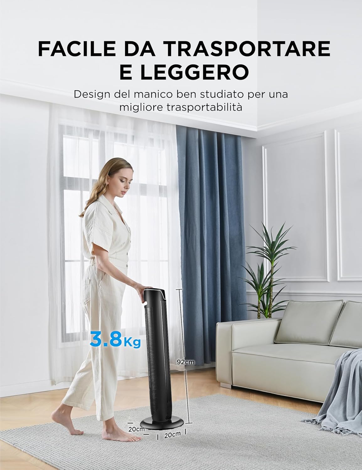 Midea FZ10-17JR Turmventilator Leise mit Fernbedienung 92CM, mobiler Lüfter,Ventilator Säulenventilator,7 Stunden Timer,3 Modi,3 Geschwindigkeiten,45W Standventilator,Schwarz