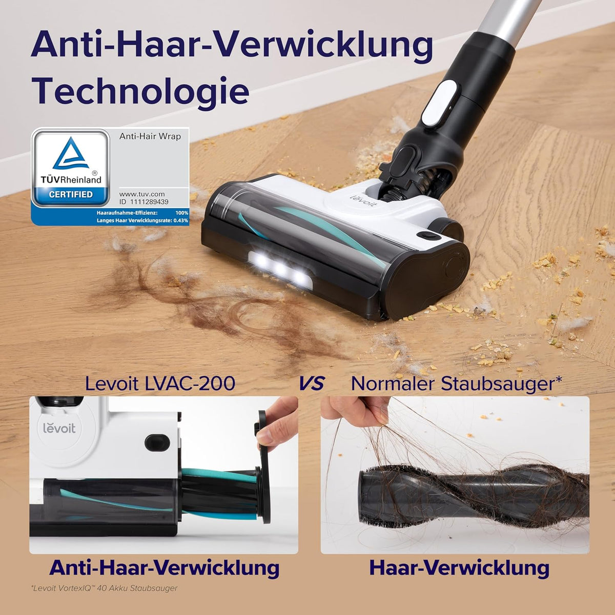 Levoit - Akku Staubsauger mit Tierhaardüse - Anti Haar Wrap - 4-in-1 Kabelloser Akkustaubsauger - 99,9 Prozent Filterleistung - Beutelloser Akkusauger für Teppich/Hartböden/Auto - max 50 min Laufzeit