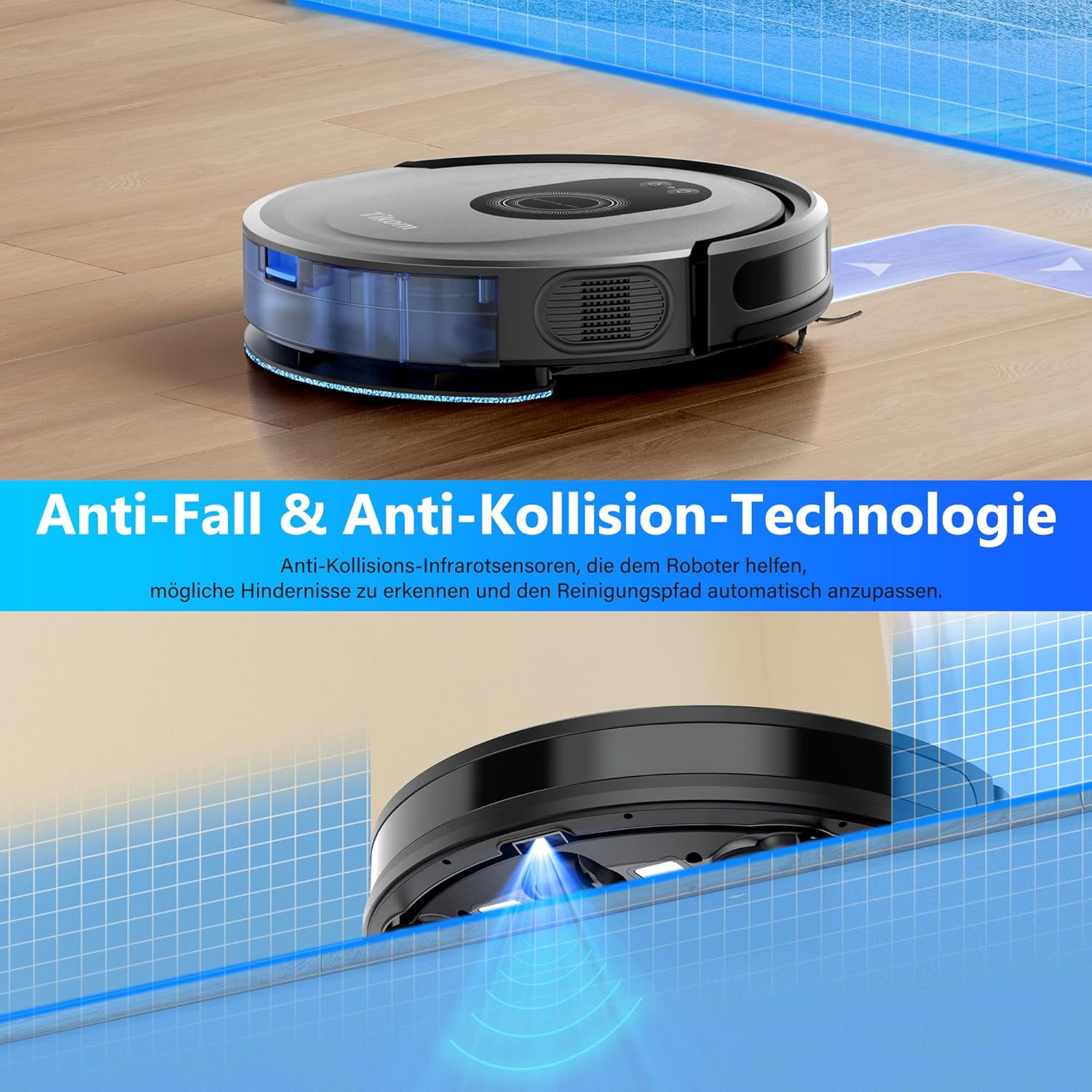 Tikom Saugroboter mit Wischfunktion 2 in 1, G8000 Max Staubsauger Roboter, 5000Pa Starke Saugkraft Roboterstaubsauger, Selbstaufladend, WLAN, 150Mins Max, Ideal für Tierhaare, Teppich, Hartboden