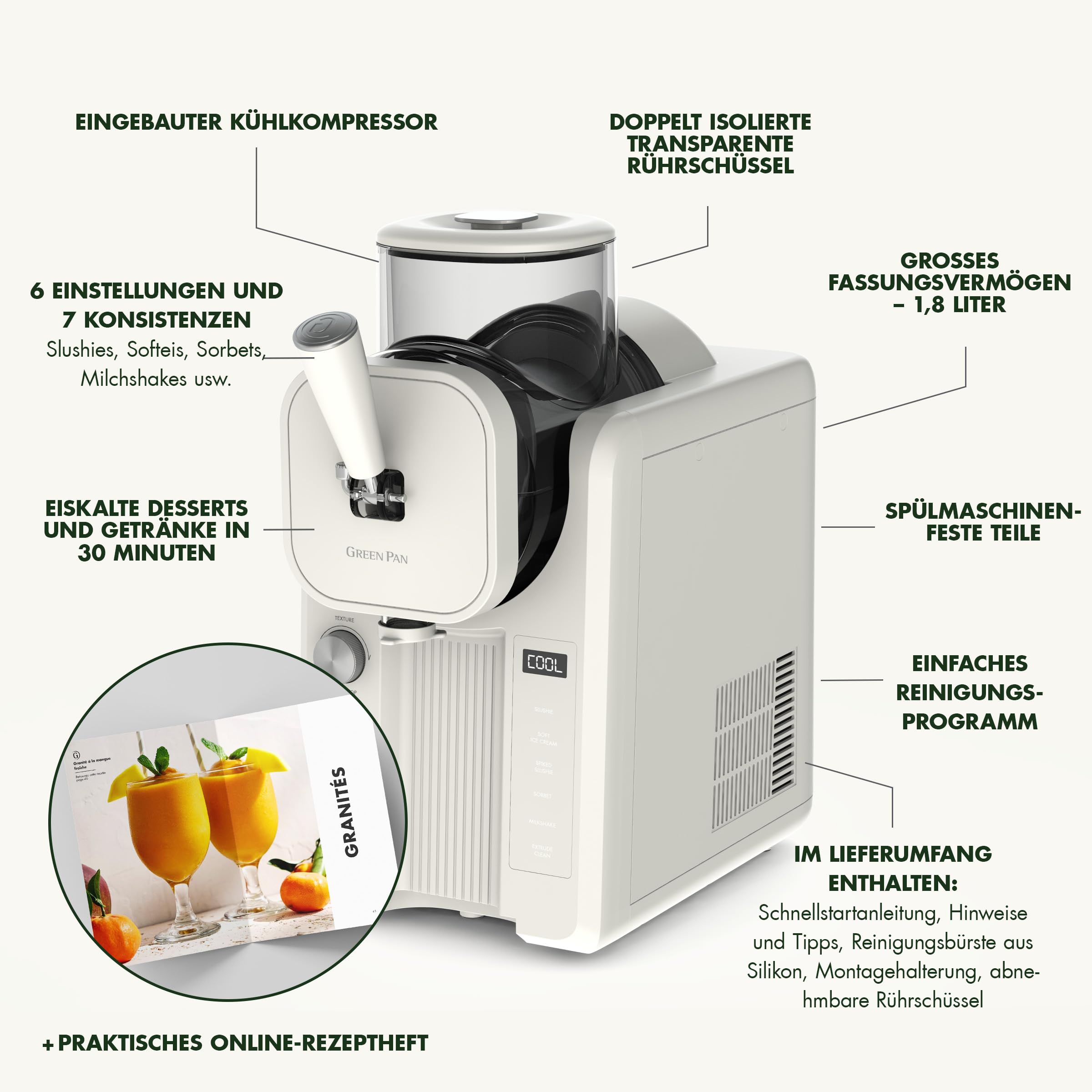 GreenPan Frost Eismaschine & Slushie-Maker, 6 Modi, 7 Texturen, selbstreinigend, kein Vorfrieren, fertig in 15 Min.