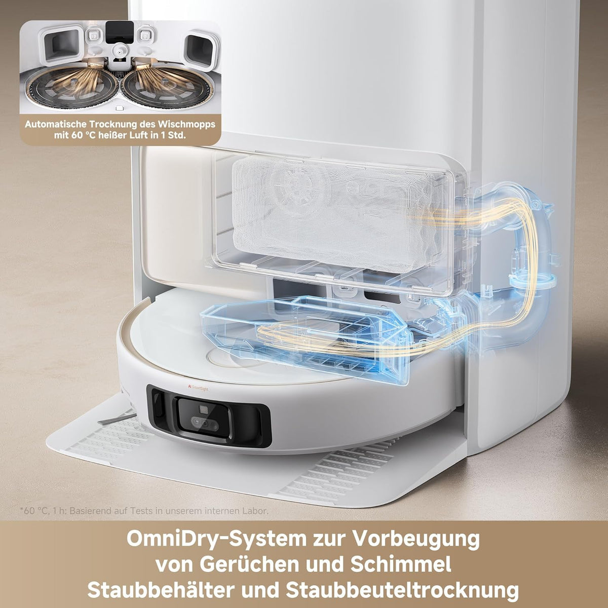 Mova V50 Ultra Complete Saugroboter mit Wischfunktion, Einer Saugkraft von 24.000 Pa, anhebbare Navigation mit 6 cm Hindernisüberwindung und Warmwasser-Wischen mit DuoSolution-System, weiß