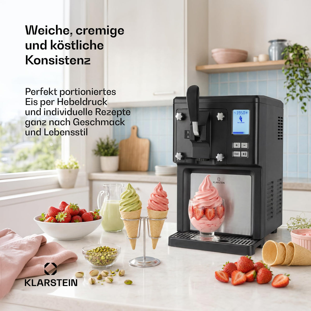 Klarstein Sweet Sundae Softeismaschine – selbstkühlender Kompressor, ohne Vorgefrieren, 1,5 l, Kühlhaltefunktion, digitaler Timer, schwarz