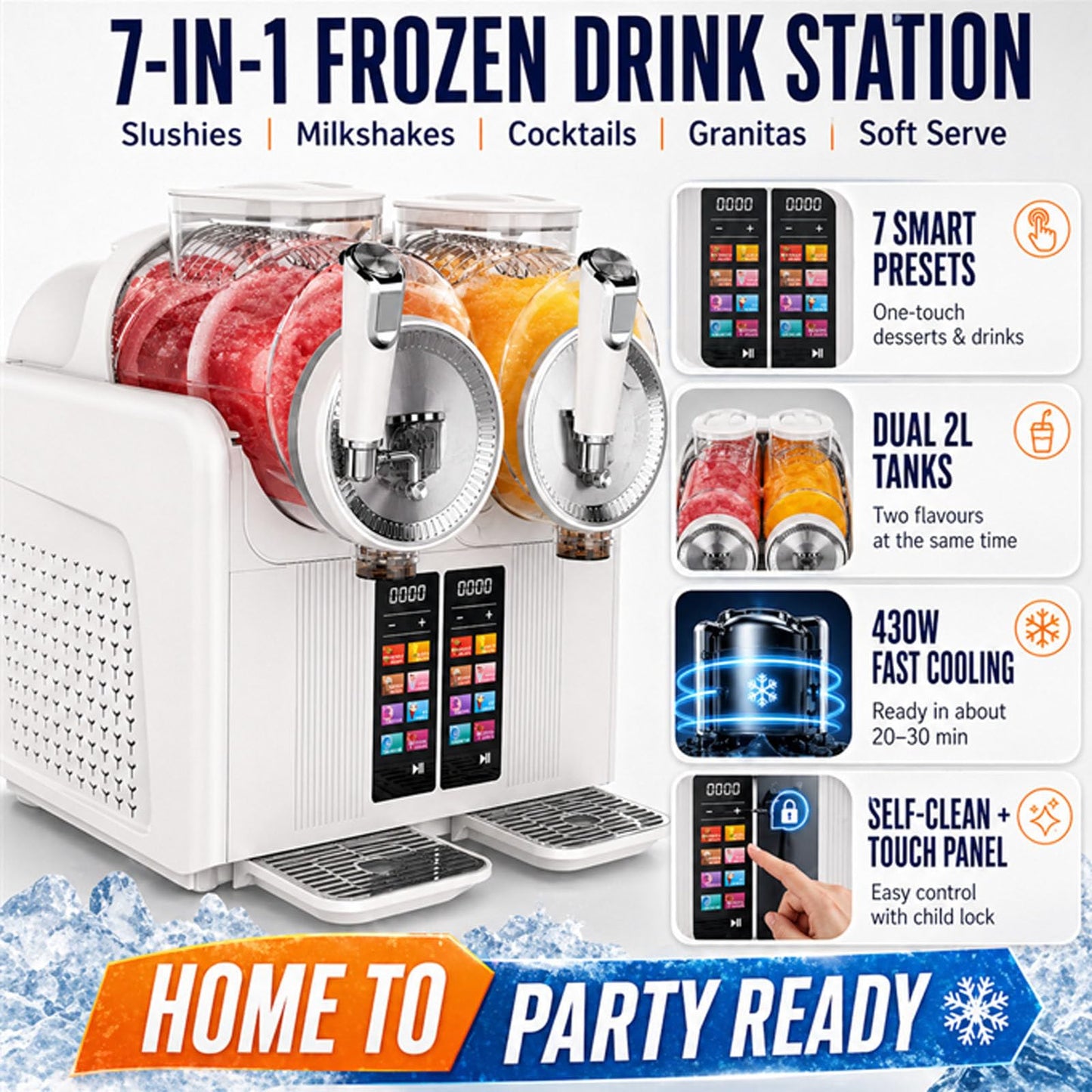 Slushie Maker 7-in-1, Softeis- & Slush-Maschine mit 2 × 2L Tanks, 430W, automatische Reinigung, für Zuhause & Café