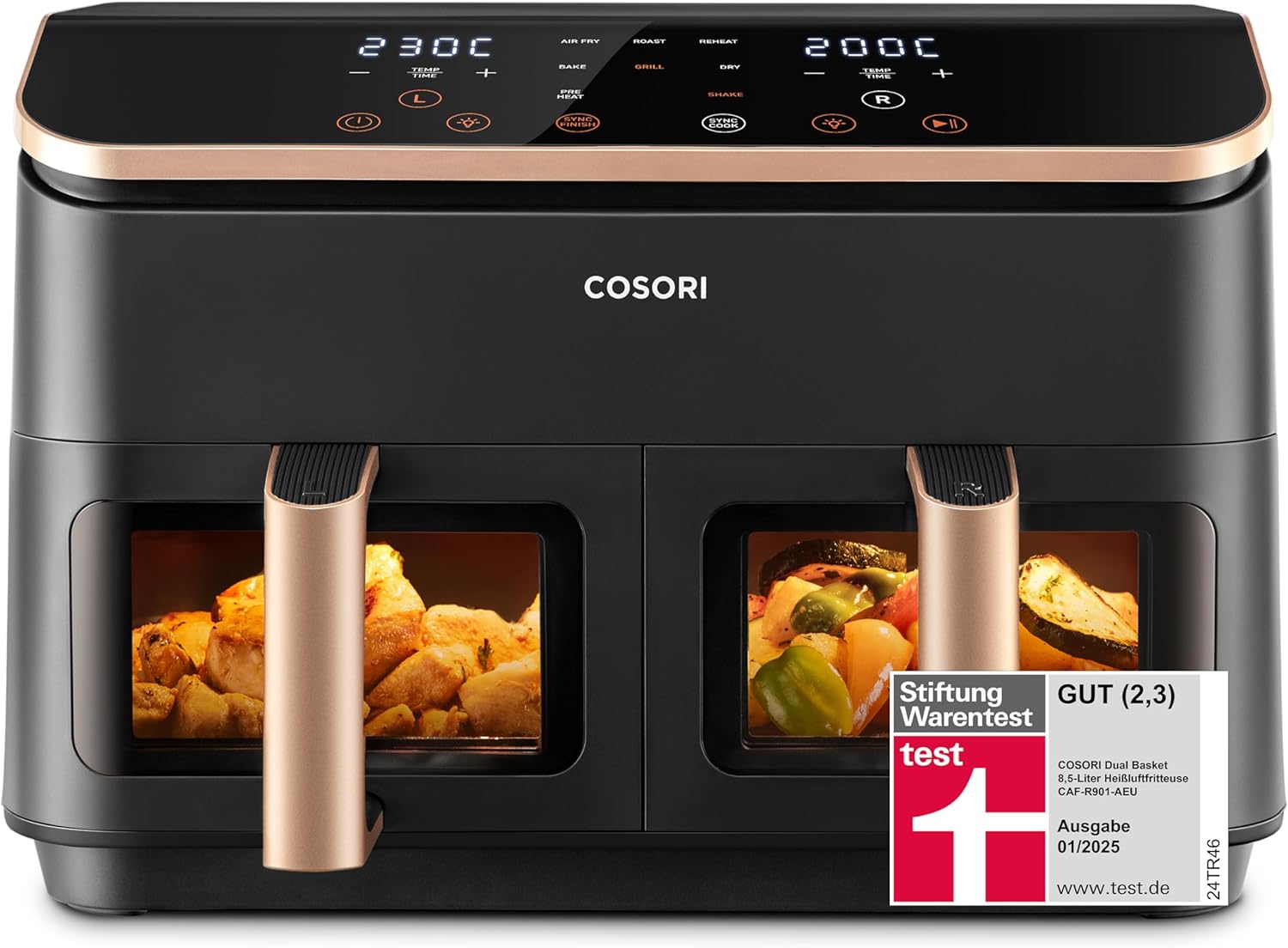 COSORI Heißluftfritteuse 2 Kammern, Airfryer Testsieger der Stiftung Warentest, 6-in-1 Dual Zone Air fryer 8,5 L, Heissluftfritteuse Doppelkammer mit Sichtfenster, energiesparend