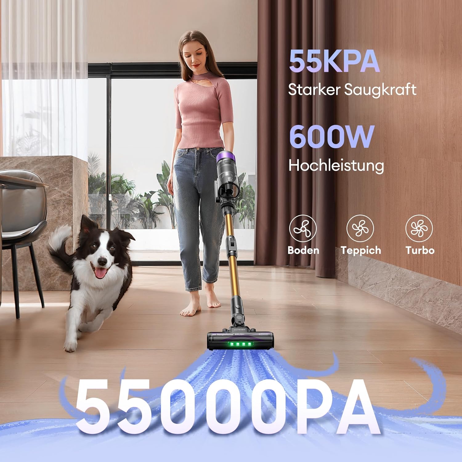 Ultenic U20 Akku Staubsauger, 55000Pa/ 600W/60Min Staubsauger Kabellos Mit Selbststehendes Design, Flexibles Biegegelenk, GreenEye-Technologie, Anti-Tangle Bodenbürste für Hartböden Teppiche Tierhaare