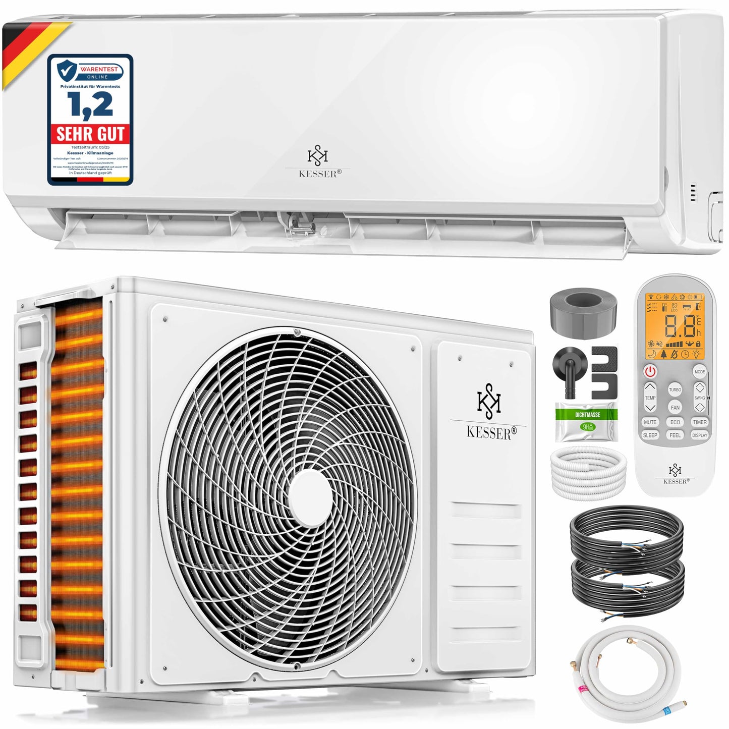KESSER® Klimaanlage Set Split - mit WiFi/App Funktion Klimagerät - Kühlen A++/ Heizen A+ -12000 BTU/h (3.400 Watt) Kältemittel R32 - Fernbedienung, Timerfunktion - Inkl. komplettem Montagematerial
