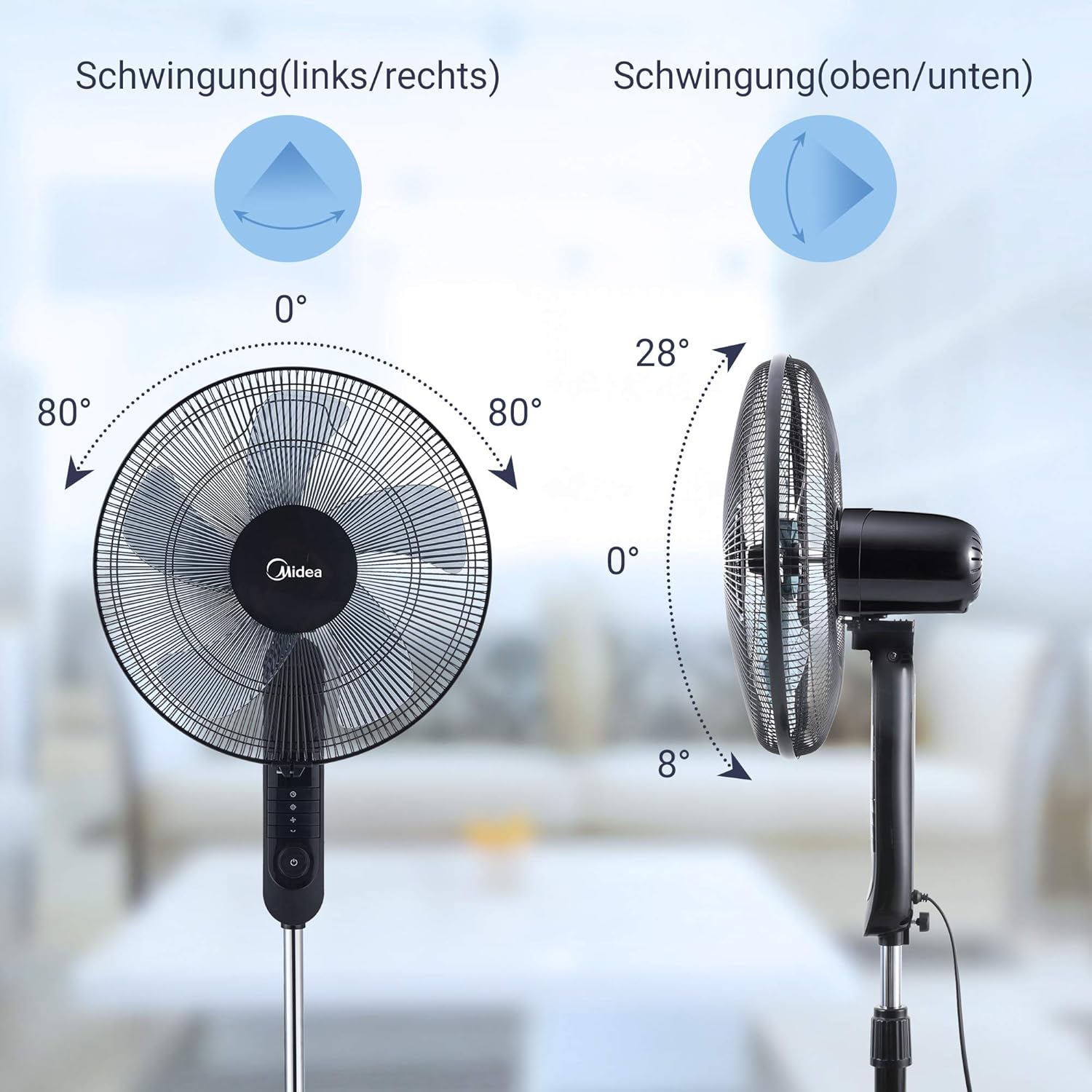 Midea FS40-15FR Standventilator Leise mit Fernbedienung, 3 Geschwindigkeitsstufen,LED Anzeige, 7,5H Timer, höhenverstellbar, 80°Oszil-lationsfunktion, 55W Kraftvoller,Ventilator,Luftzirkulation