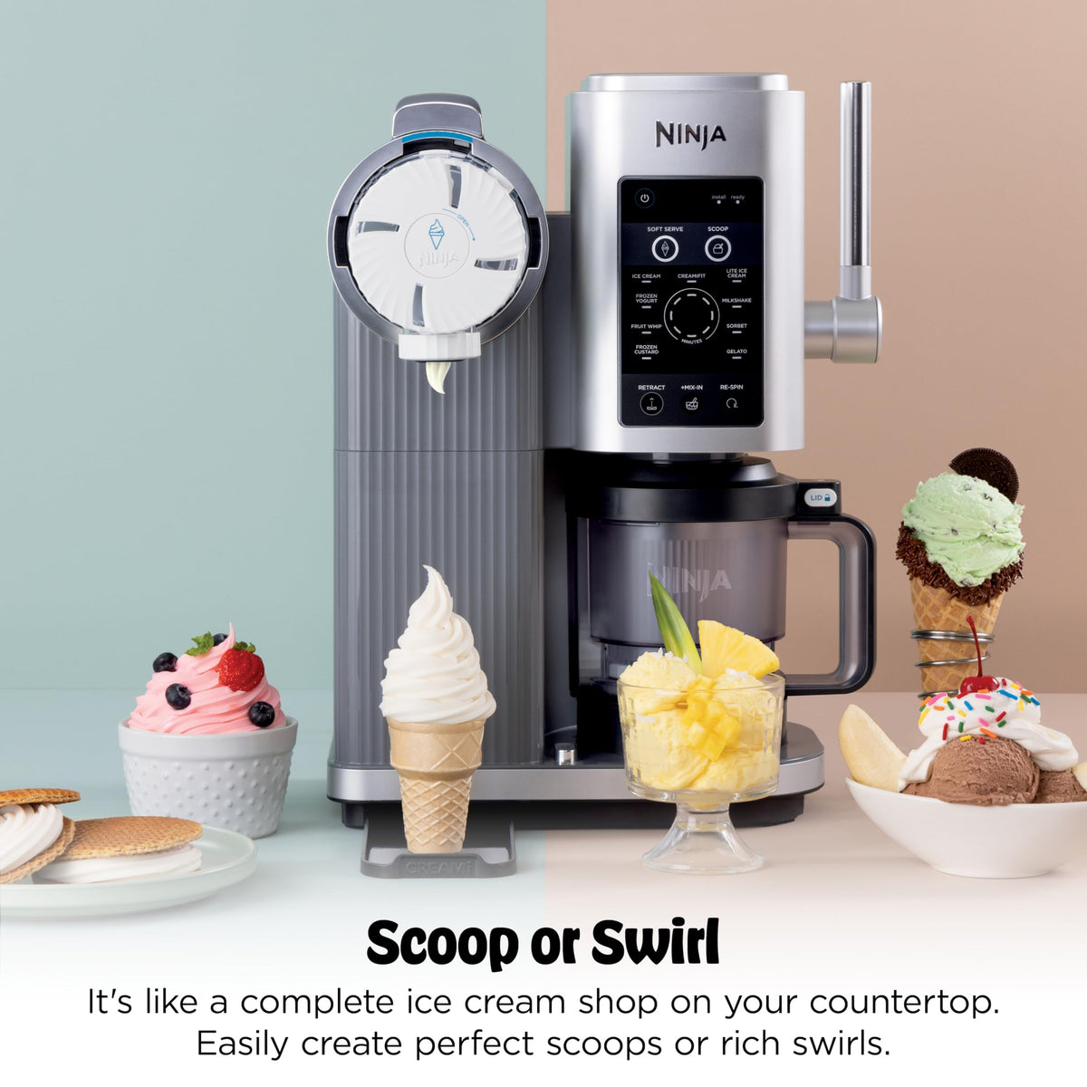 Ninja CREAMi Swirl 13-in-1 Eismaschine, Softeis, Sorbet, Milchshake & Frozen Joghurt, 2 × 473 ml Behälter