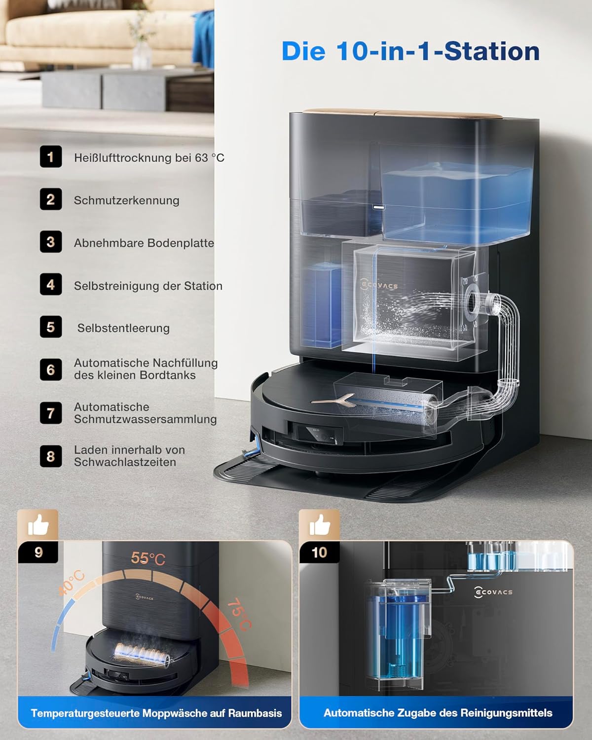 ECOVACS DEEBOT X9 PRO Omni Saugroboter mit Wischfunktion, 16.600 Pa, OZMO Roller, ZeroTangle 3.0,TruEdge 2.0, Heißwasser-Moppwäsche, Heißlufttrocknung, All-in-One Omni Station, YIKO-GPT