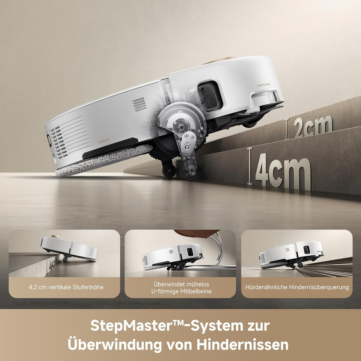 Mova V50 Ultra Complete Saugroboter mit Wischfunktion, Einer Saugkraft von 24.000 Pa, anhebbare Navigation mit 6 cm Hindernisüberwindung und Warmwasser-Wischen mit DuoSolution-System, weiß