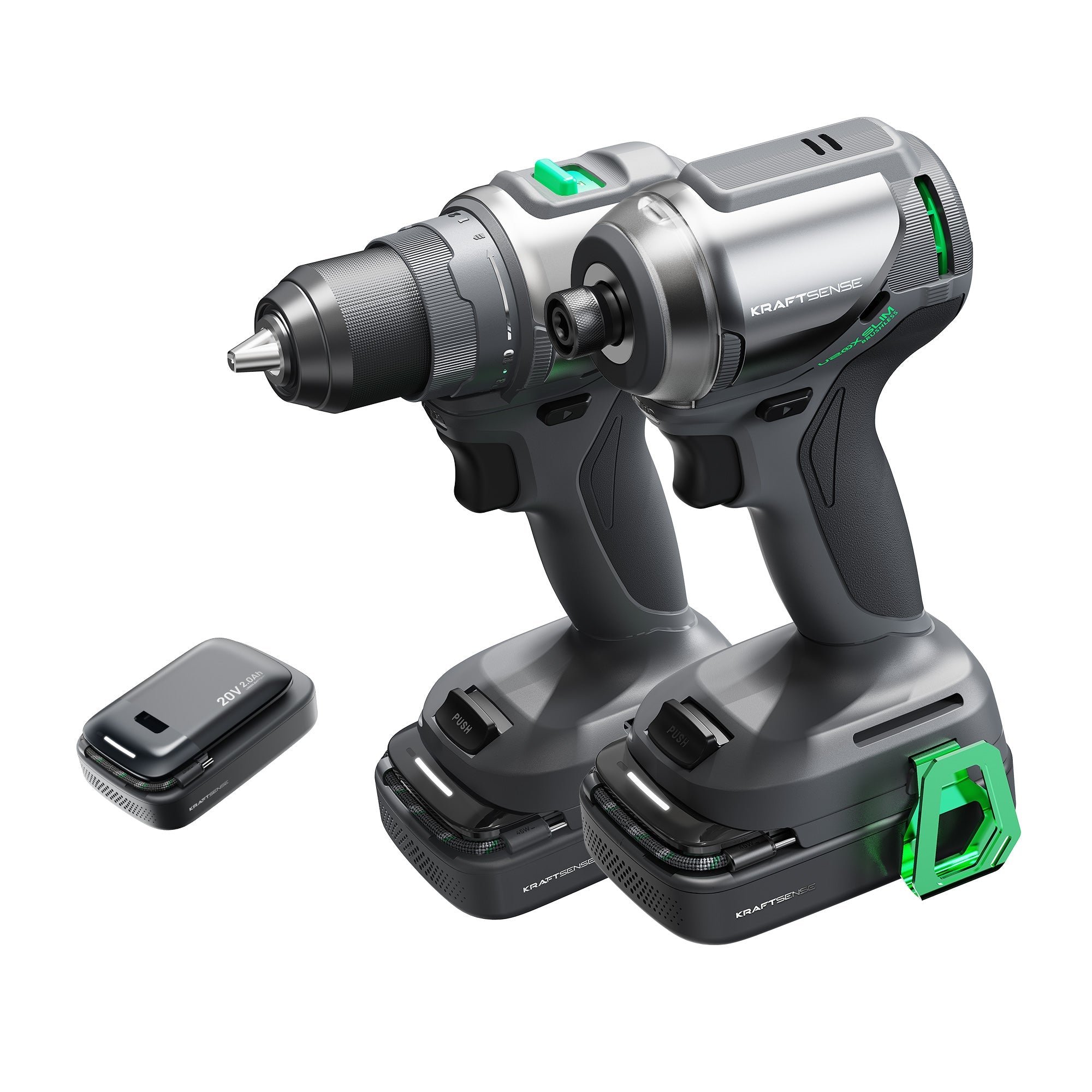 Bald erhältlich | Bald erhältlich | Kraftsense U20X  Slim  20V Bürstenloser 1/4" Driver & 1/2" Bohrschrauber-Set – mit 2,0Ah Akku
